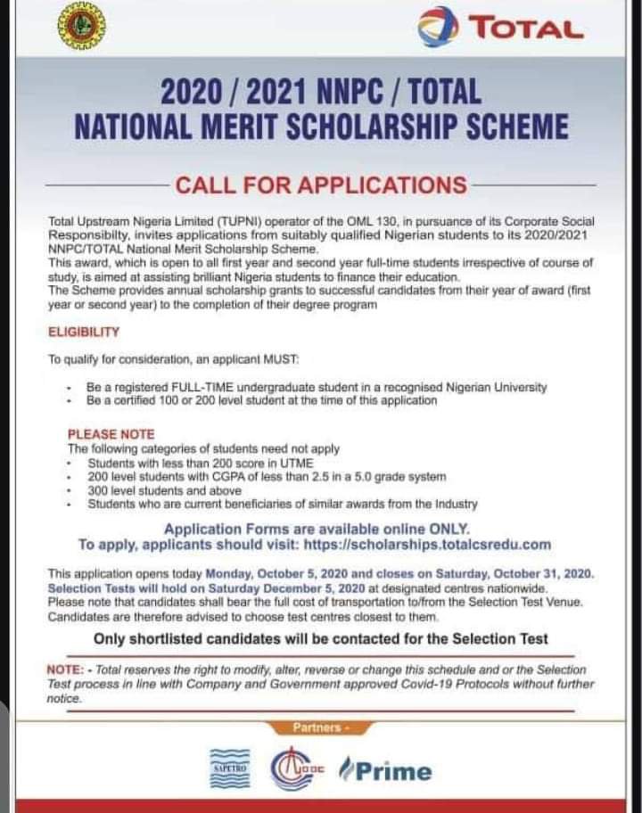 2020 / 2021NNPC/Total National Merit Scholarship Scheme for Nigerian Undergraduates