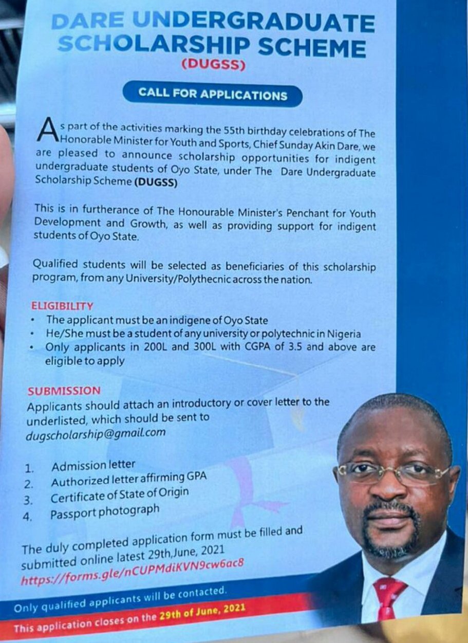 Sunday Dare Scholarship Scheme For Undergraduate Students; Oyo State indigents 2021